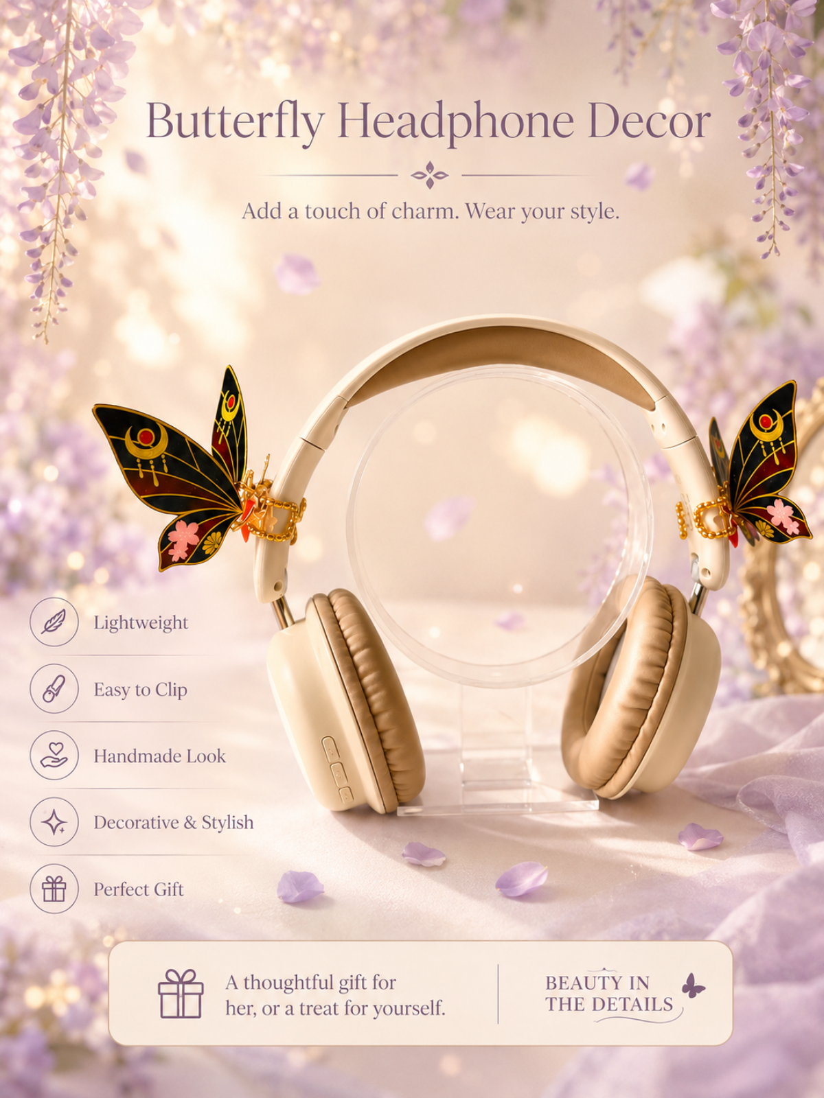 Butterfly-themed headphone decor with decorative butterflies on a soft background
