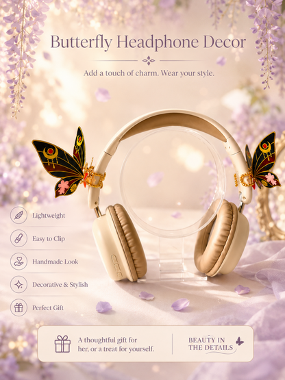 Butterfly-themed headphone decor with decorative butterflies on a soft background