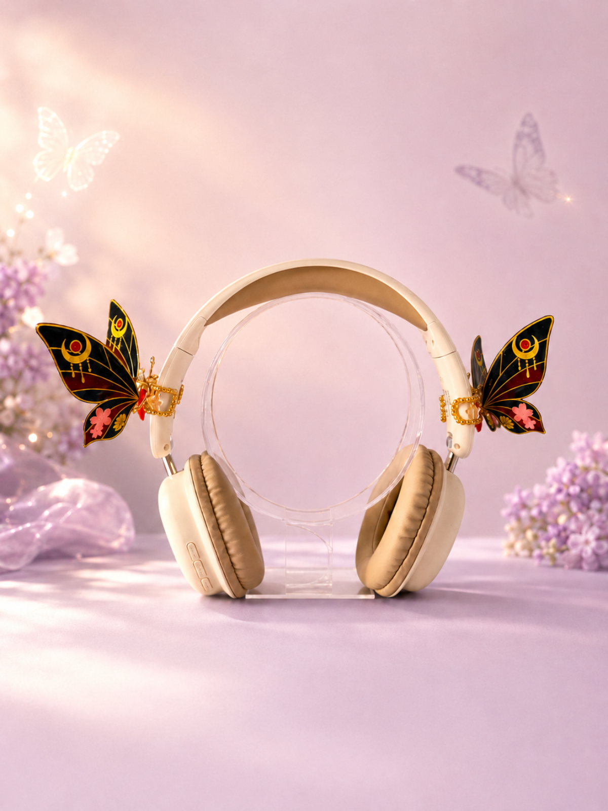 Beige headphones with butterfly decorations on a soft pink background